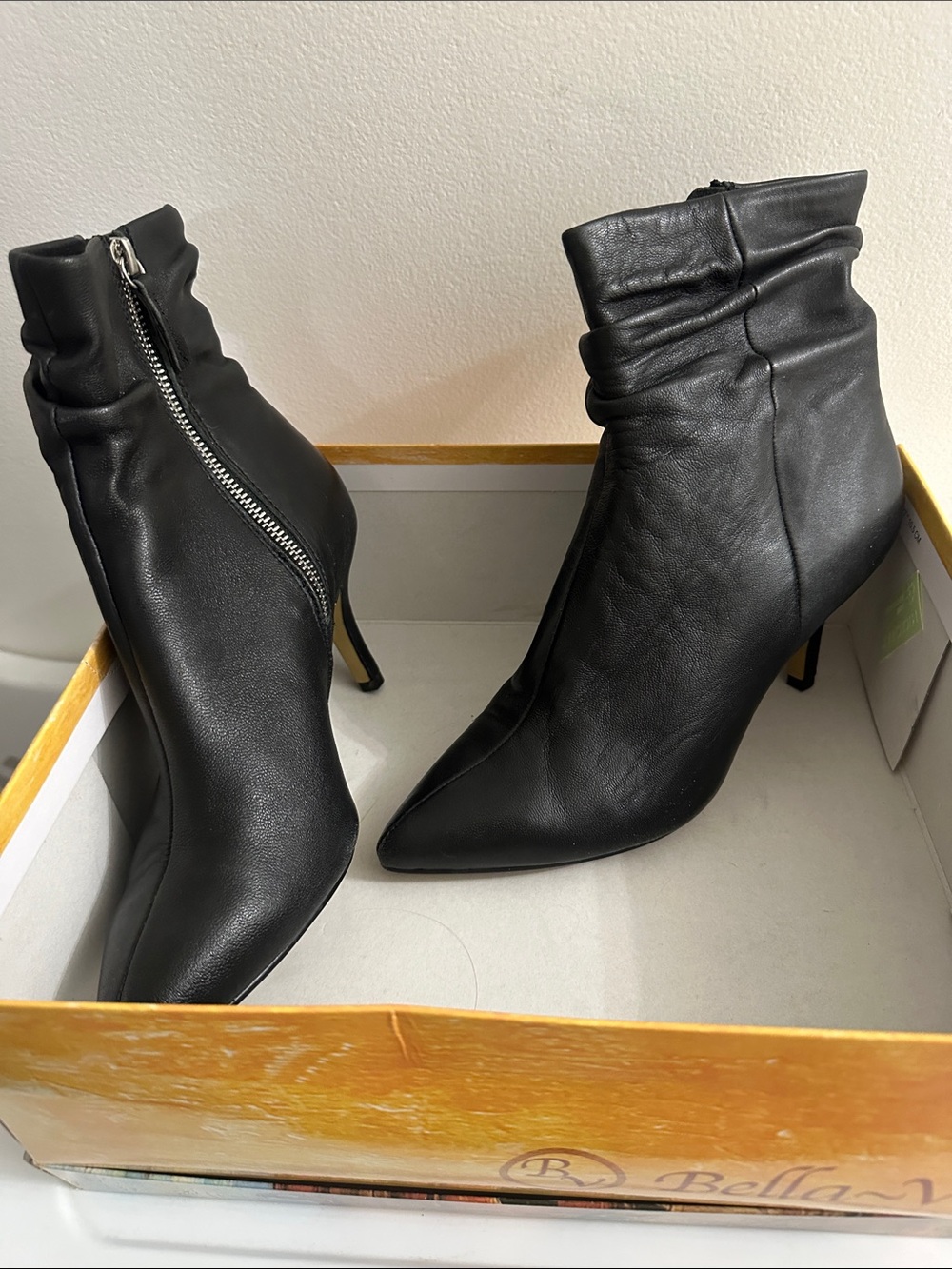 Bella Vita Black Pointed-Toe Ruched Ankle Booties with Side Zip